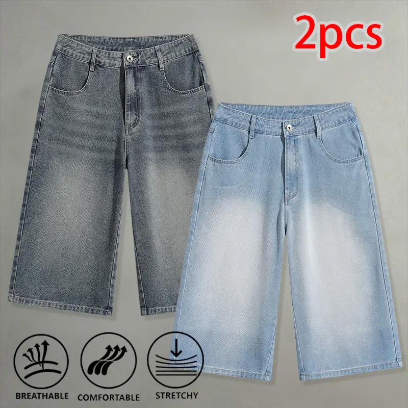 Vintage distressed wide-leg denim capris, 2-piece set — stretchy, washed, unisex; versatile for campus and outings; mid-length capris.