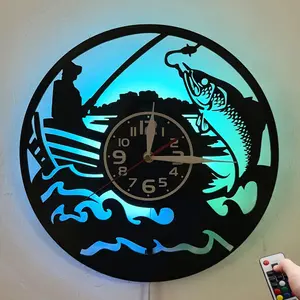 Fishing Themed Vinyl Wall Clock Angler Silhouette Decor Perfect for Cabin Man Cave Office Ideal Gift for Birthdays Graduations (Battery Not Included)