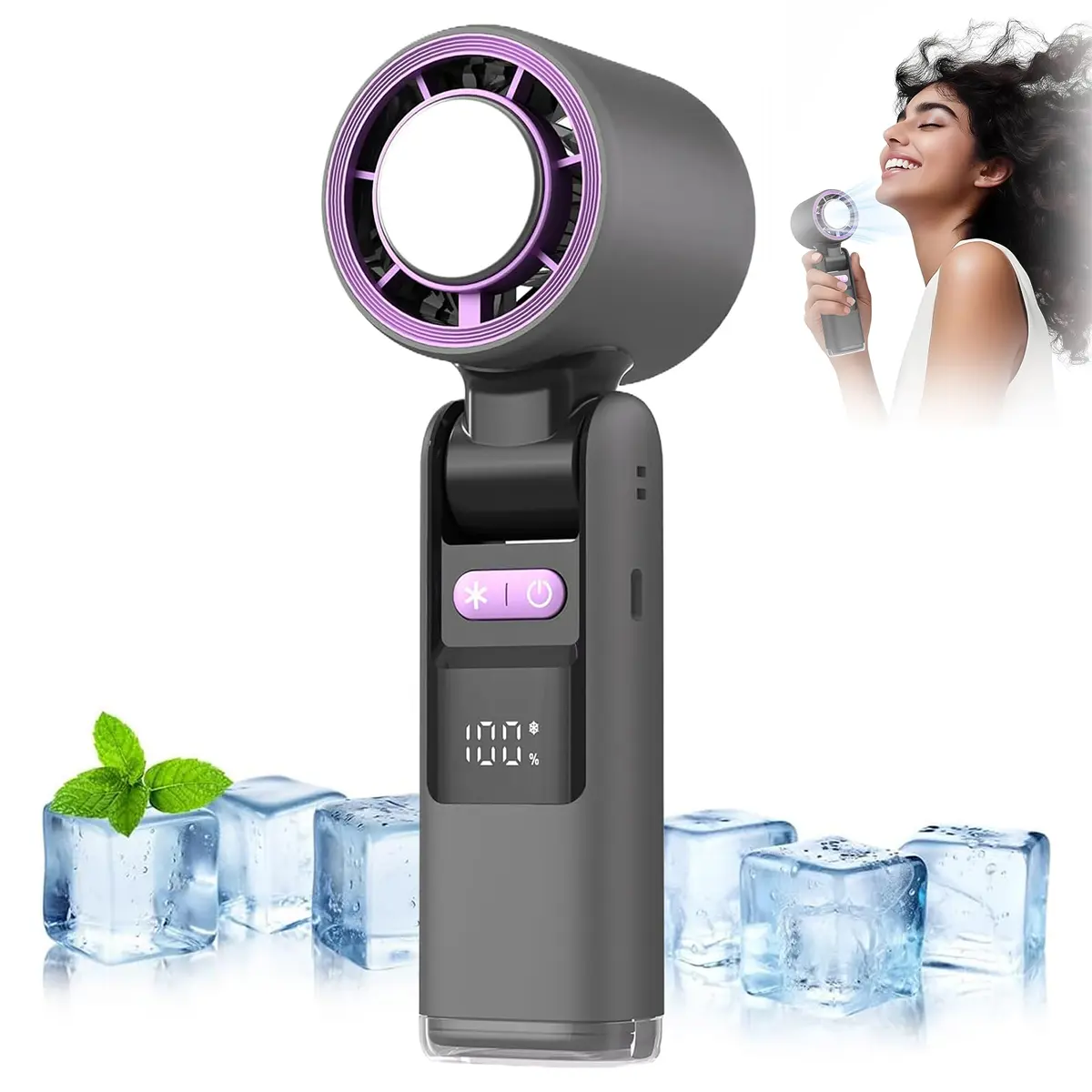 Portable Cooling Fan with Ice Compress Plate – 4000mAh Battery, 100 Adjustable Speeds, Digital Display, Foldable Design, USB Rechargeable
