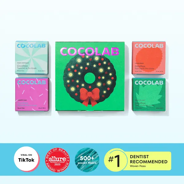 COCOLAB Limited-Edition Holly Jolly Cocofloss Gift Set, Ultra-Cleansing and Expanding Dental Floss, The Loofah Floss
