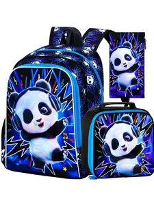 16" Panda Backpack for Boys, 3Pcs Kids Kindergarten Preschool Elementary Bookbag Set, School Backpacks with Lunch Box(Blue)