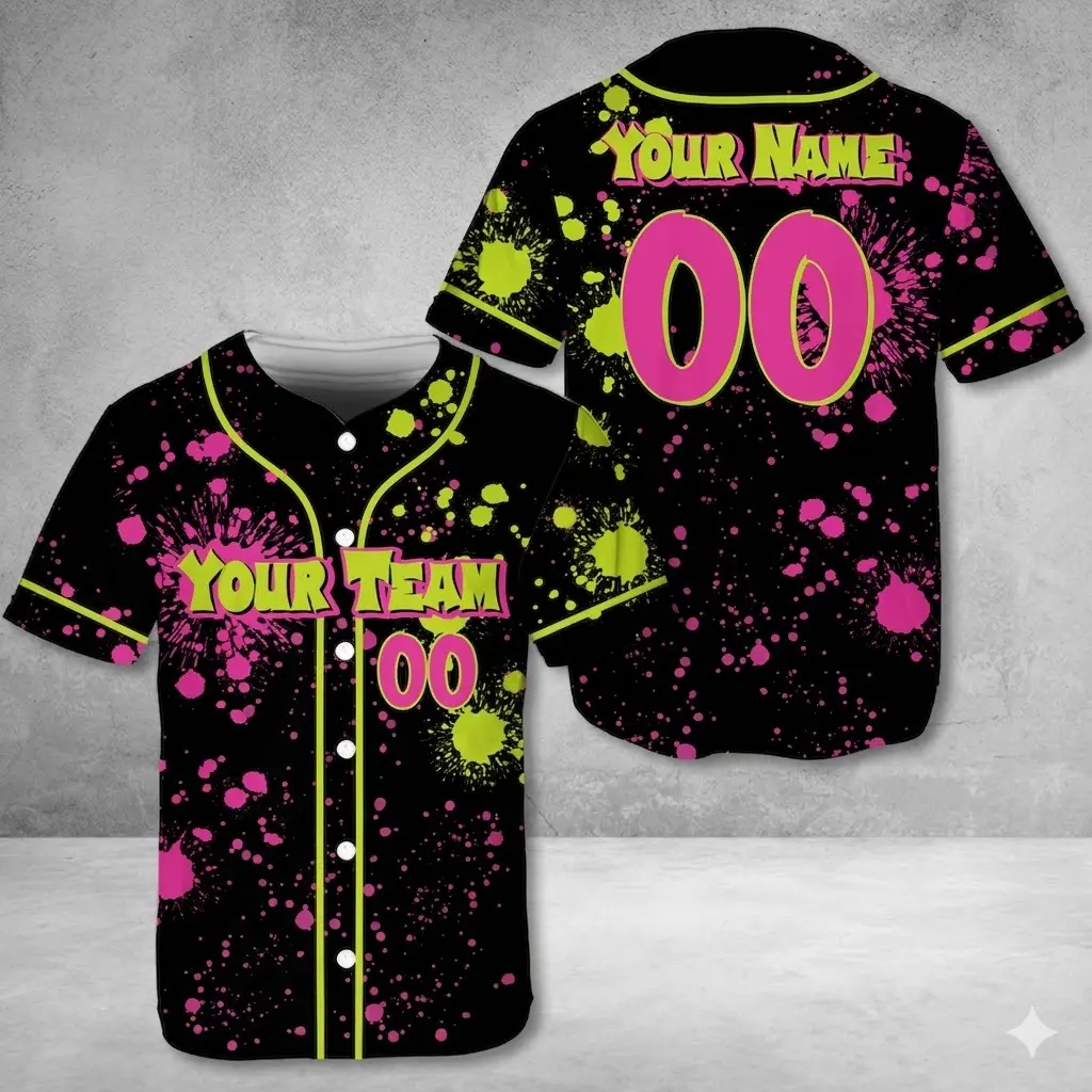 Personalized Team Name & Number Baseball Jersey Adult Kid Youth, Custom Neon Splatter Jersey, Pink Black Paint Splatter Shirt, Sport Uniform #Baseballjersey