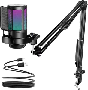 Gaming USB Microphone,Noise Cancellation Condenser Mic with Boom Arm,Podcast Microphones RGB Computer Mic,Streaming Microphone with Pop Filter, Mute Button, for Recording,Discord,YouTube