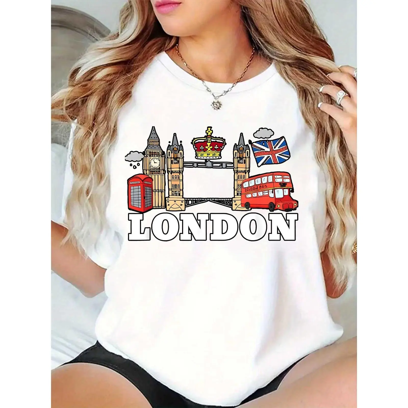 Women's 100% Cotton London Icons Digital Print T-Shirt - Big Ben, Tower Bridge, Red Bus, Phone Booth, Union Jack, Crown - Short Sleeves, Crew Neck, Lightweight, Breathable, Loose-Fitting, Comfortable, Machine Washable British Casual Travel Top
