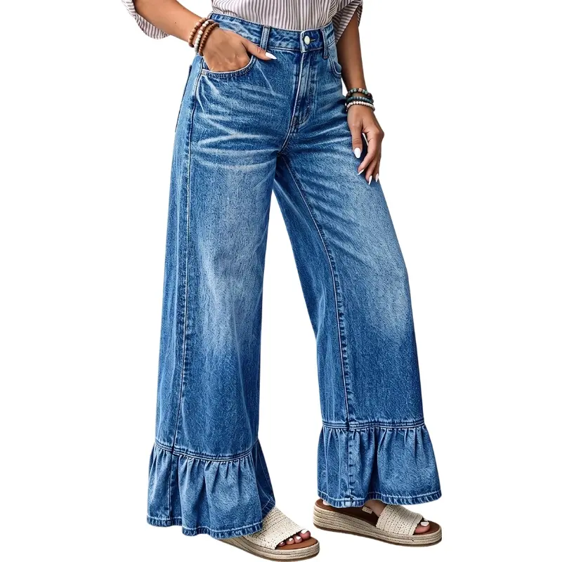Flamingals Wash Ruffle Hem High Waist Wide Leg Jeans Stretchy 28.3'' Inseam