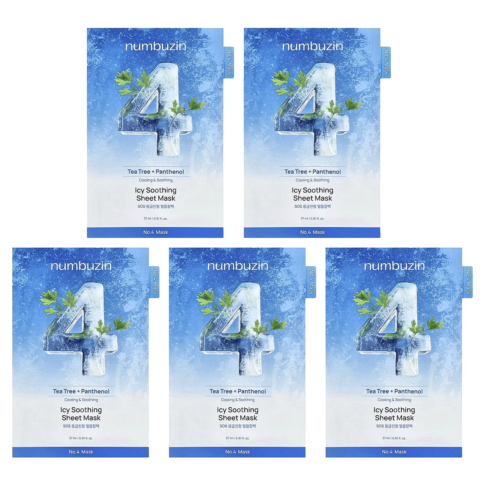 Numbuzin No.4 Icy Soothing Beauty Sheet Mask, 5 Sheets, 0.91 fl oz (27 ml) Each