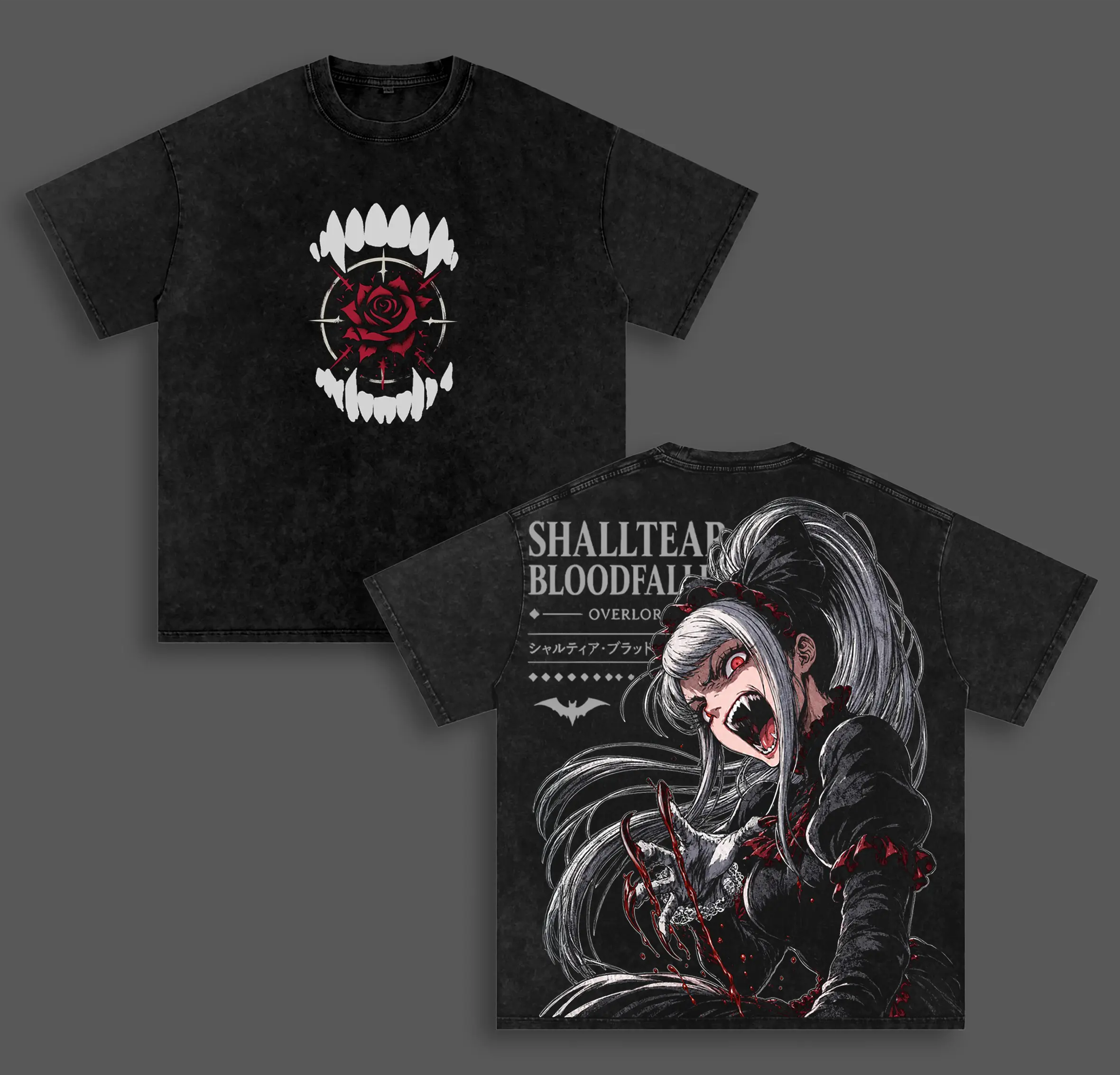 Shalltear Bloodfallen Overlord Anime Double Printed Vintage Washed Tee Unisex Oversize Heavyweight Cotton T-shirt for Anime Fans and Lovers