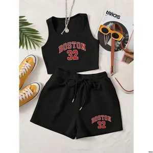 tiktokEZwear2pcsWomenSummerCasualBoston32NumeralPrintBlackRoundNeckFittedTankTopAndDrawstringShortsSet