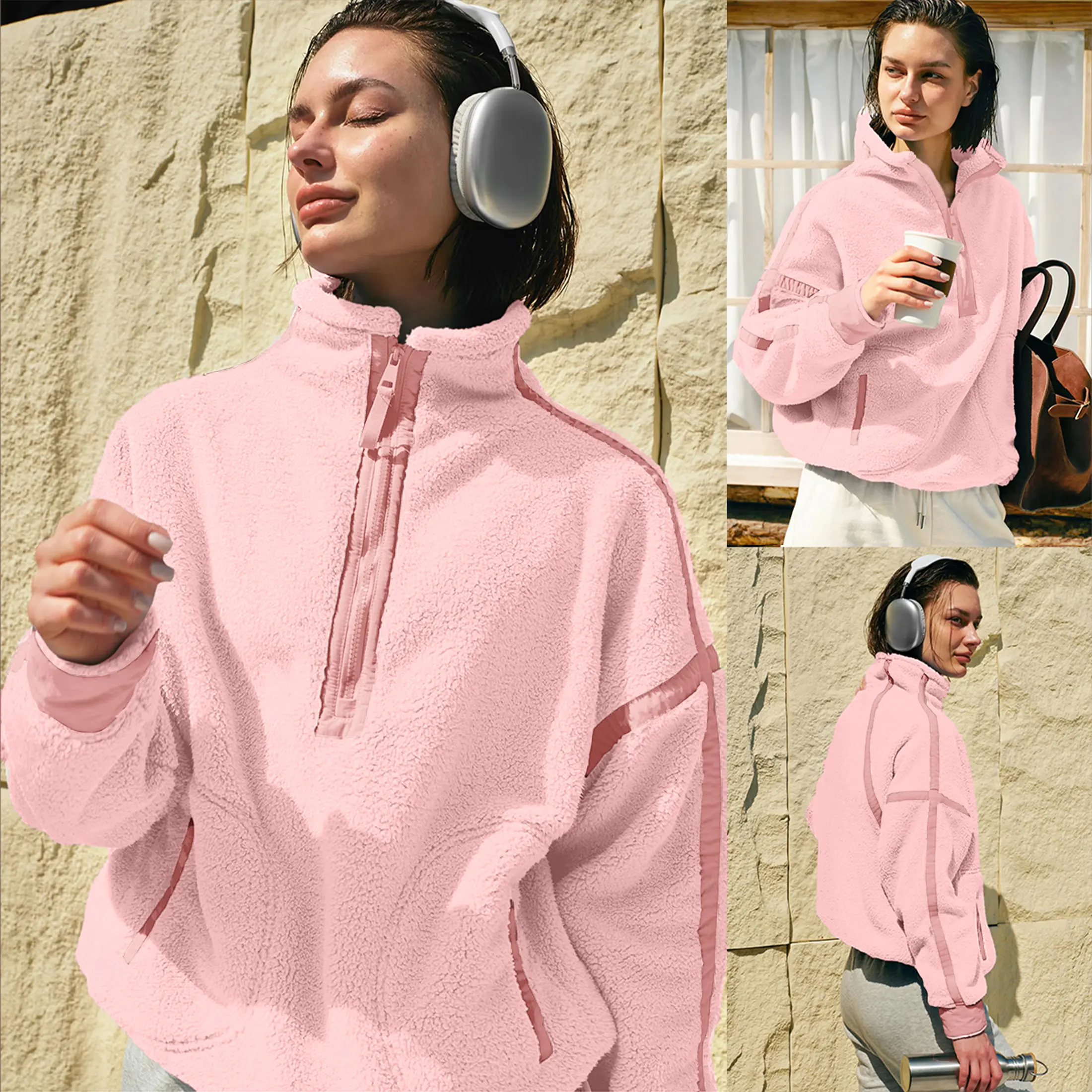 Womens Half Zip Fleece Pullover Sherpa Jacket
