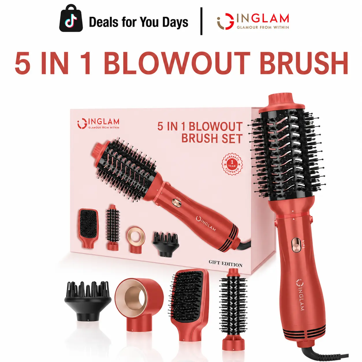 INGLAM 5-in-1 Hair Styler Set, Detachable Blow Dryer Brush & Curling Iron, Dual Voltage Ceramic Negative Ion Hot Air Brush for Volume, Smooth Shine & Frizz-Free Styling