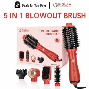 INGLAM 5-in-1 Hair Styler Set, Detachable Blow Dryer Brush & Curling Iron, Dual Voltage Ceramic Negative Ion Hot Air Brush for Volume, Smooth Shine & Frizz-Free Styling
