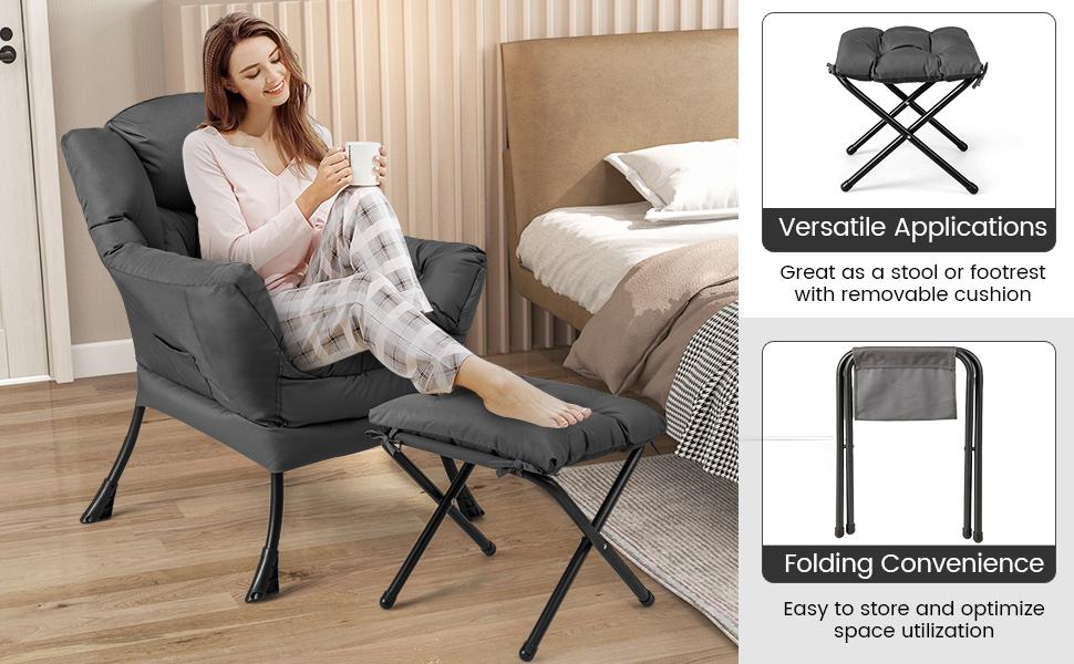 Costway Lazy Chair with Ottoman, Accent Sofa Chair with Folding Footrest, Side Storage Pocket, Upholstered Leisure Lounge Armchair with Stool for Bedroom, Living Room, Office, Christmas Festival Gift Black Friday Cyber Monday