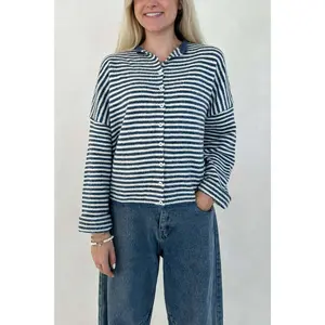 Haven Mini Striped Cardigan in Denim and White
