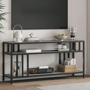 58 Inch TV Stand for 65 Inch TVs – Rustic Wooden Media Console with 3-Tier Open Shelves  4-Tube Support Modern Media Console Table for Living Room Bedroom Grey