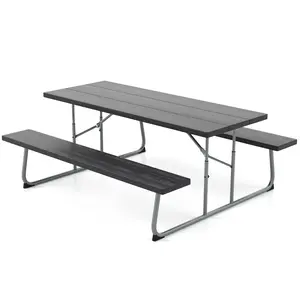 COSTWAY - Folding Picnic Table Set with Metal Frame and All-Weather HDPE Tabletop, Umbrella Hole-Black