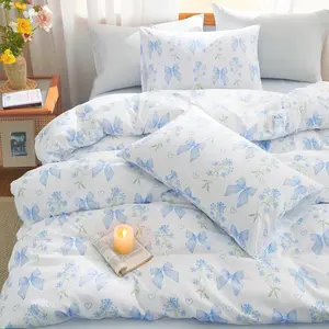 Blue Bow Duvet Cover Queen 3Pcs Girls Floral Duvet Cover Set, Cute Romantic Princess Style Bowknot Bedding Set Soft Microfiber Garden Flower Bedding with 2 Pillowcases No Comforter