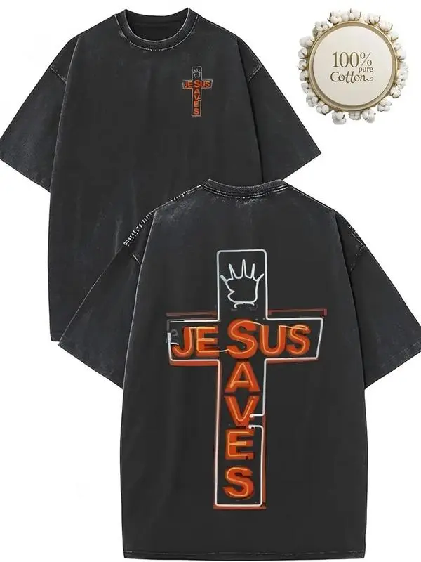Vintage Graphic T-Shirt for Men, Distressed 'Jesus Saves' Print in Pure Cotton, Casual Short-Sleeve Fitted Cut Streetwear, Dad Gift, Figure, S