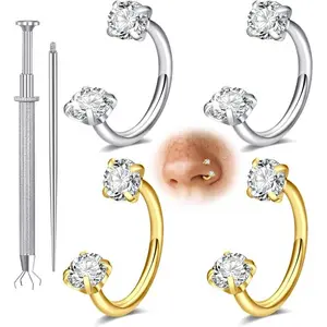 6pcs Nose Ring Set, 16G Horseshoe Nose Ring for Women Double Gem Horse Shoe Nose Ring Hoop Surgical Steel Silver Gold Cartilage Helix Tragus Earring Hoops Labret Lip Piercing Jewelry Small Septum Rings Set