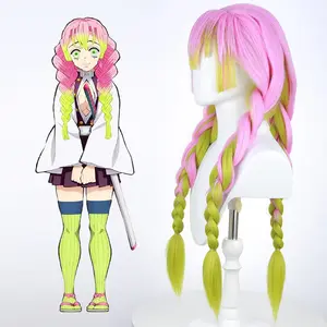 Anime Wig Double Tiger Clip Style Mitsuri Kanroji Kimetsu no Yaiba Cosplay Wig Gradient Thick Braids