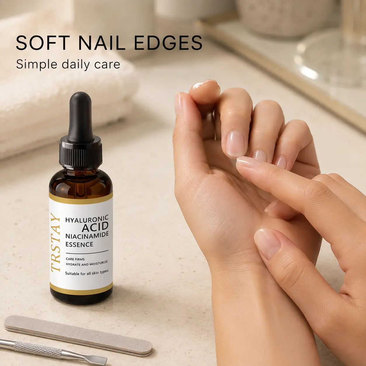 Nail Moisturizing Serum—enriched with hyaluronic acid and niacinamide, it keeps the skin around the nails hydrated and smooth, preventing dryness; suitable for daily skincare use.