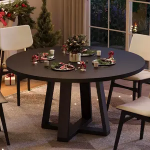 Black Round Dining Table for 4-6 People,47" Farmhouse Kitchen Table with Wood Cross Pedestal Base for Living Room,Dining Room(Table Only)