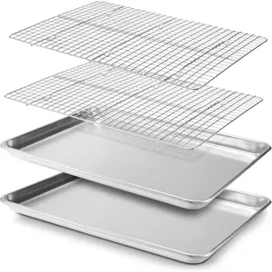 Baking Sheet, 2 Pack Half Sheet Pan with Stainless Steel Wire Rack Set - Easy Clean Cookie Sheets for Baking
