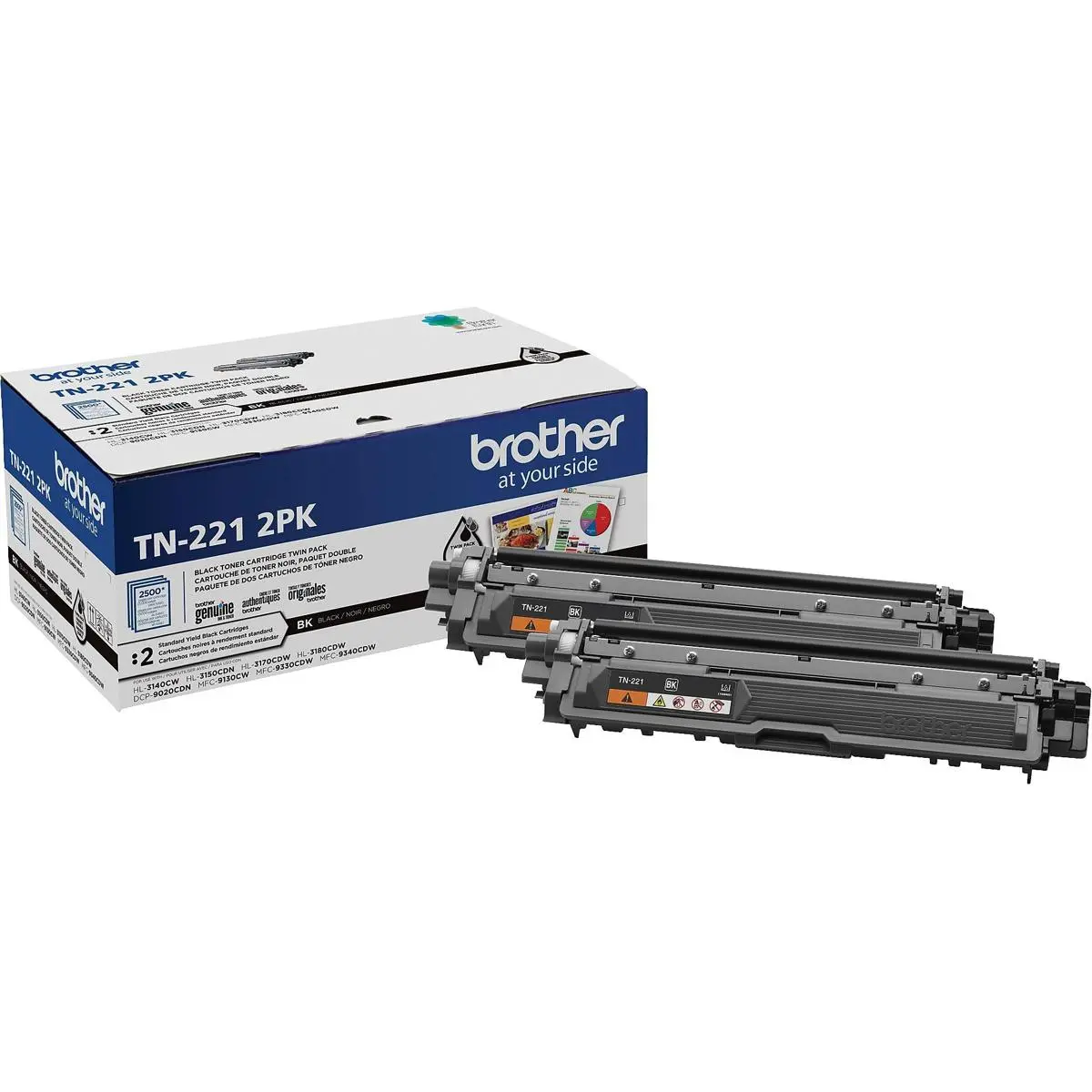 Brother TN2212PK Standard-Yield Black Laser Toner Cartridge for HL-3140CW, HL-3170CDW, HL-3180CDW, MFC-9130CW, MFC-9330CDW, MFC-9340CDW Laser Printers, 2500 Page Yield, 2-Pack
