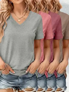 Women's V-Neck Short Sleeve T-Shirt 4-Piece Set, Casual Fitted Top, Solid Color, All Seasons, Plain Surface, No Collar, Unlined