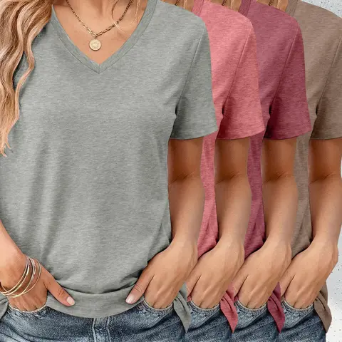 Colorful V-Neck Short Sleeve Summer T-Shirt 4-Piece Set, Casual Fitted Top, Solid Pattern, All Seasons, No Button or Collar