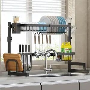 TOPEMAI Over The Sink Dish Drainer Drying Rack - 2 Tier Dish Drying Rack Over The Sink, Snap-On Design, Adjustable Length/Height, Stainless Steel Above Sink Drying Rack for Kitchen Counter