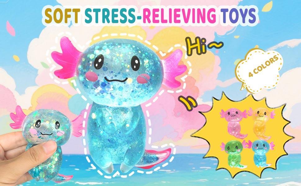 Axolotl Squishy Stress Relief Toy Glitter Fidget Toys Cute Malt Sugar Axolotl Toy Fidget Toys for Kids Youth Adult, Party Favors Anxiety Relief Squishy Toys(Blue)