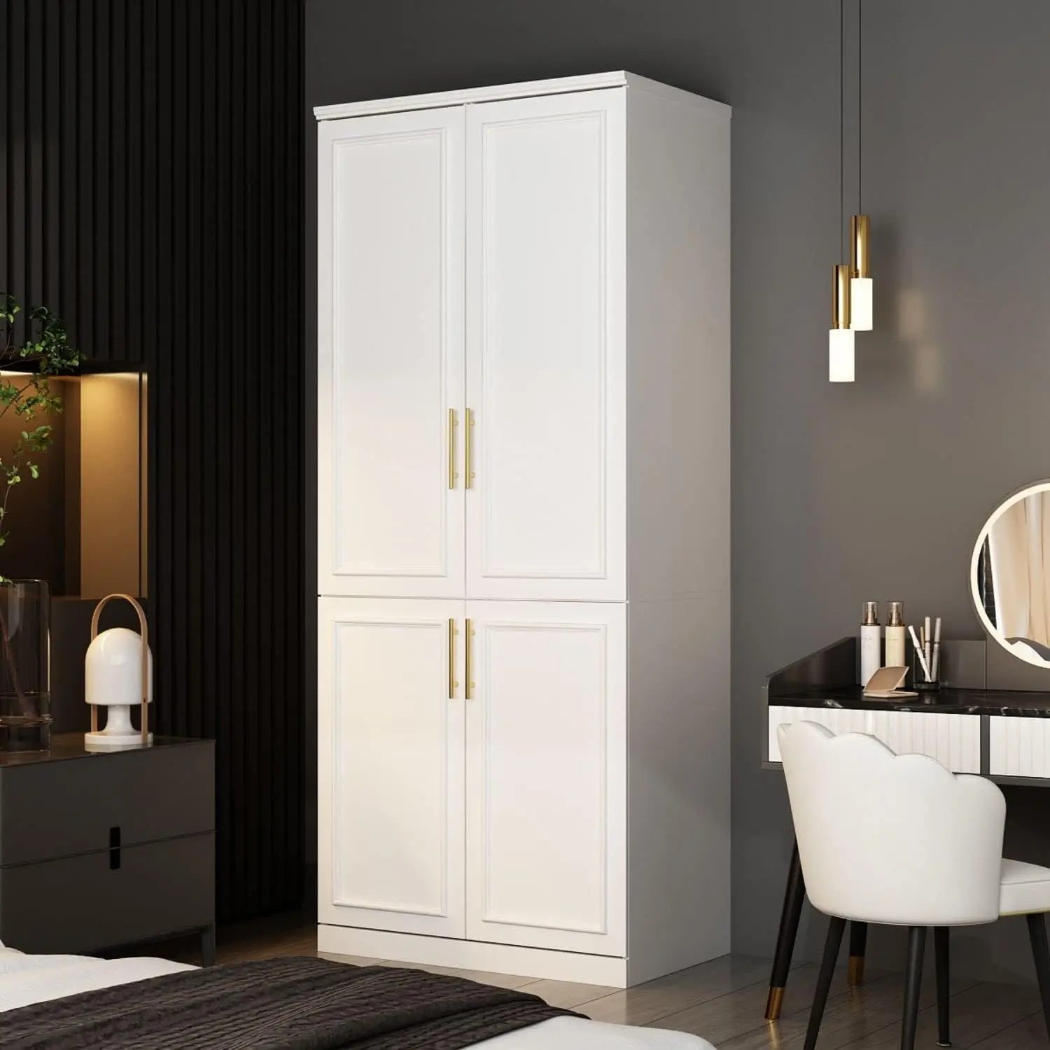FUFU&GAGA 4 Door Wardrobe Closet with Shelves, Armoires and Wardrobes Wardrobe Closet with Hanging Rod, Gold Metal Handles, Bedroom Armoire Closet