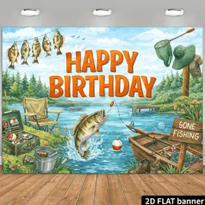 2D Flat Banner Polyester Photography Backdrop, HD Digitally Printed Fishing Theme Background Cloth with Lake Scene, Jumping Fish, Fishing Gear, and "Happy Birthday" Text, Soft Lightweight Foldable Machine Washable Photo Background
