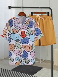 Men's Colorful Smiley Face Print 2-Piece Loungewear Set - Short Sleeve Camp Collar Shirt & Mustard Drawstring Shorts, Soft Breathable Fabric, Relaxed Fit for At-Home Lounging, Lazy Weekends & Casual Evenings