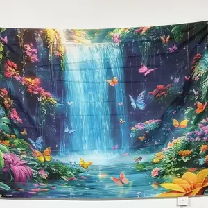 Waterfall & Mountain Pattern Backdrop, Waterfall & Flower Pattern Wall Hanging Banner, Wall Decor for Home Living Room Bedroom Garden Party, Flower Design, Ornaments, Decorative Banner