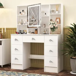 Large Vanity Desk with 3 Lighting Color & 7 Drawers Mirror White Dressing Table Modern Style LED Light Strip Included