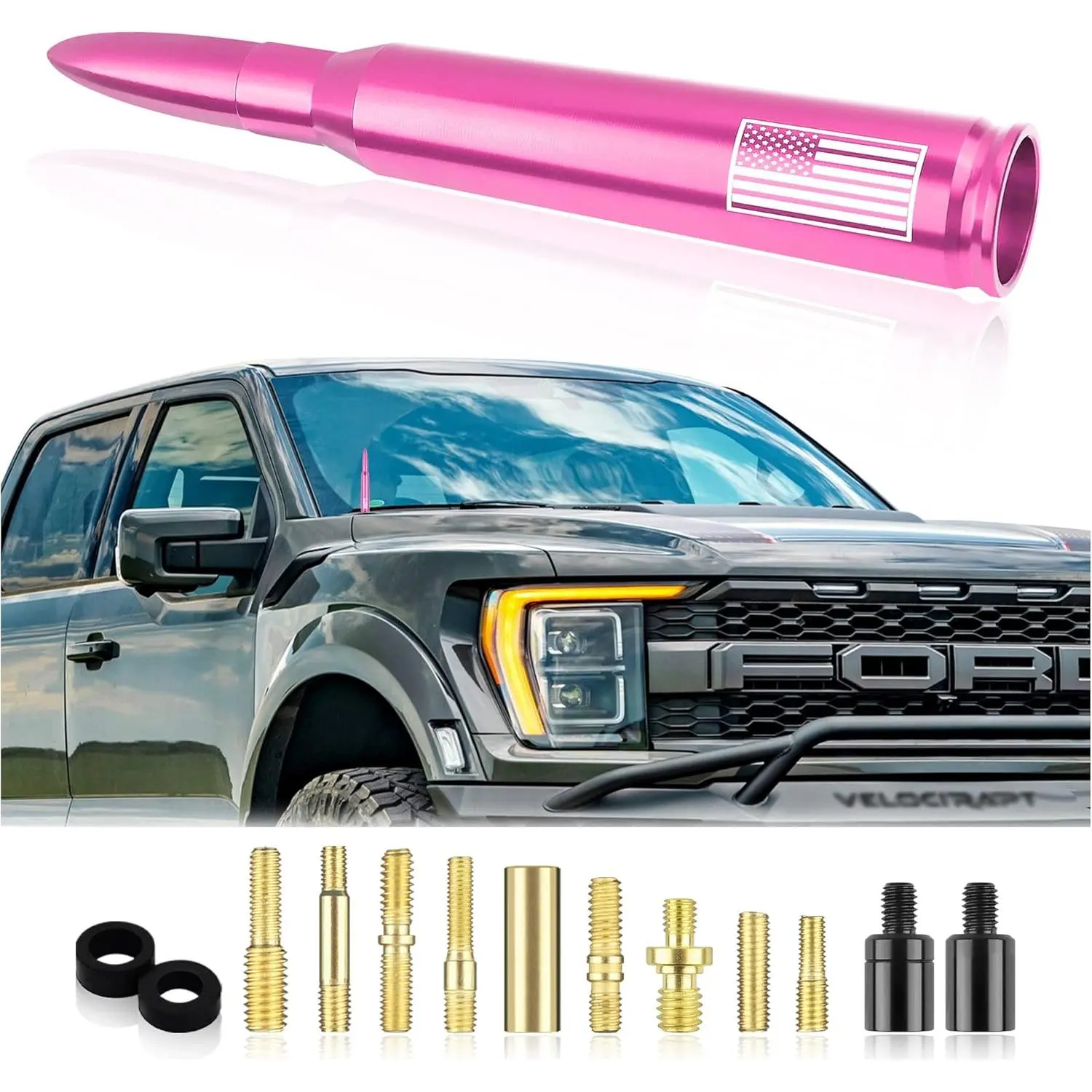 KDO Upgrade Aluminum Alloy Patriotic Bullet Antenna - 1 Premium Pink Truck/SUV Exterior Topper, 2 Adapters, 2 Rubber Washers, 5.27 oz, All Seasons, 5 Minutes Plug-In Fit, Compatible with GMC, Chevy Silverado, Chevy 1500, Dodge, Ford, Jeep, Patriotism