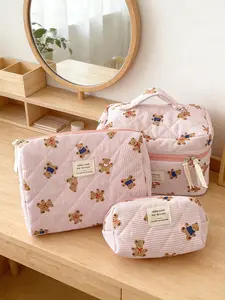 3pcs  Pink striped teddy bear makeup bag, portable and cute cartoon wash bag, quilted handbag, zipper closure, fashionable and versatile, suitable for makeup storage, business trips, ladies' makeup bag, casual trend