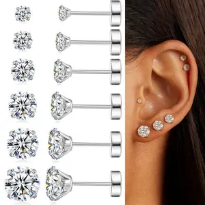 6 Pairs Stainless Steel Cubic Zirconia Earrings,Steel Flat Back Studs for Cartilage, Screw Back Fashion Jewelry