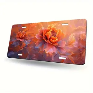 Elegant License Plate with Floral Design in Aluminum - 6x12 Inch Car License Plate with 4-Hole Mounting, Vibrant Orange Pink Green Peony and Leaf Design, Durable Metal Frame for Cars, Trucks, SUVs - Exquisite Vehicle Accessory (Exclusive to Owners), Licen
