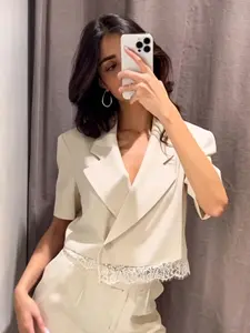 Women's Suit Beige Linen-Blend Cropped Blazer Short Sleeves Lace Trim Hem Single Button Closure Decorative Pocket Coquette Elegant Women's Clothing Office Look Summer Women's Clothing