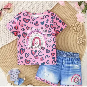 Ready Stock 6m-3y Baby Girls Summer Clothes Heart & Rainbow Print Short Sleeve T-Shirt & Shorts Set 2-Piece Outfit FE-ZN06