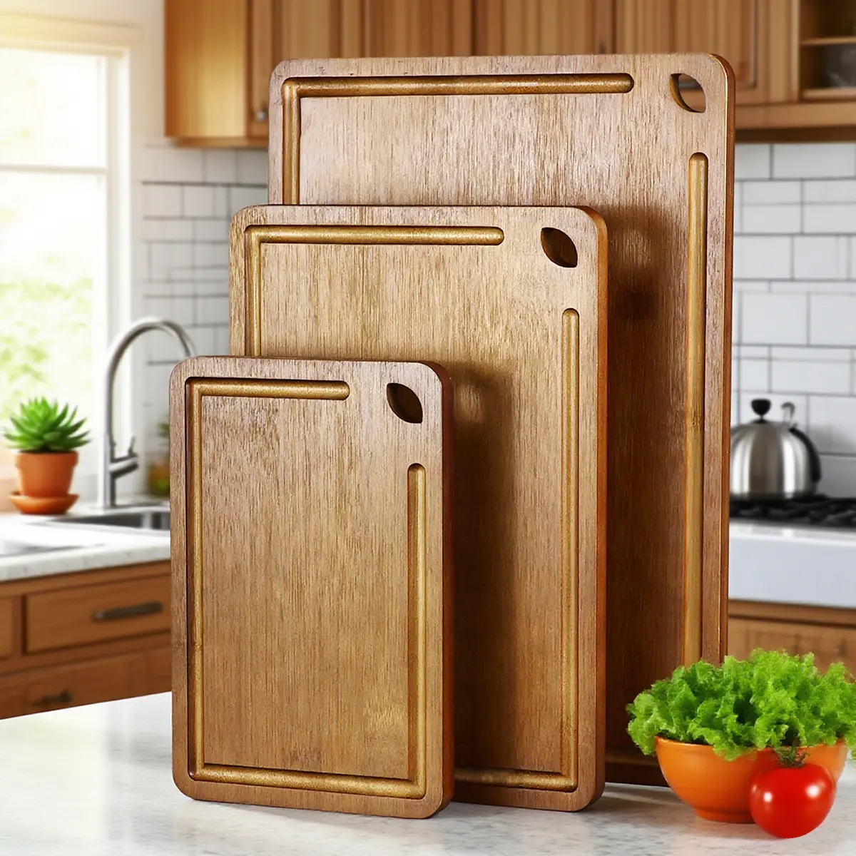 Bamboo Cutting Board - Heavy-Duty Wooden Butcher Block Kitchenware with Deep Juice Grooves, Built-In Handle for Lifting, Non-Toxic Wood, Ideal for Meat/Veg/Fruit Use, Holiday Gift