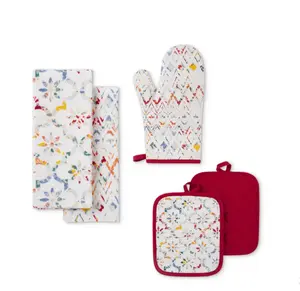 Ogee Tile Kitchen Towel, Pot Holder, and Oven Mitt Set - Multicolor, 15"W x 25"L, 5 Pieces, Ideal for Cleaning