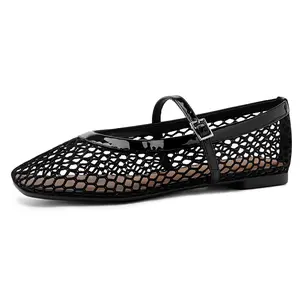 Mesh Ballet Flats for Women Comfortable Square Toe Ballerina Flats Buckle Strap Casual Fishnet Flat Shoes Footwear Girl Flatform Running Balletflats