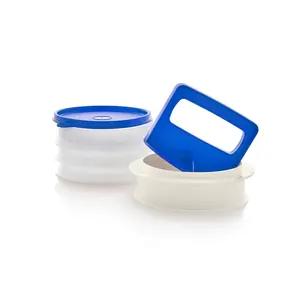 Tupperware Hamburger Press & Keepers Set Set includes one press, one molding ring, four stack-seal keepers, and one top seal.