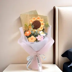 Handmade Paper Crochet Sunflower & Daisy Bouquet, Decor Flowers with Soft Pink Wrapper & Delicate Ribbon, Ideal for Mother's Day & Graduation Gifts for Mom