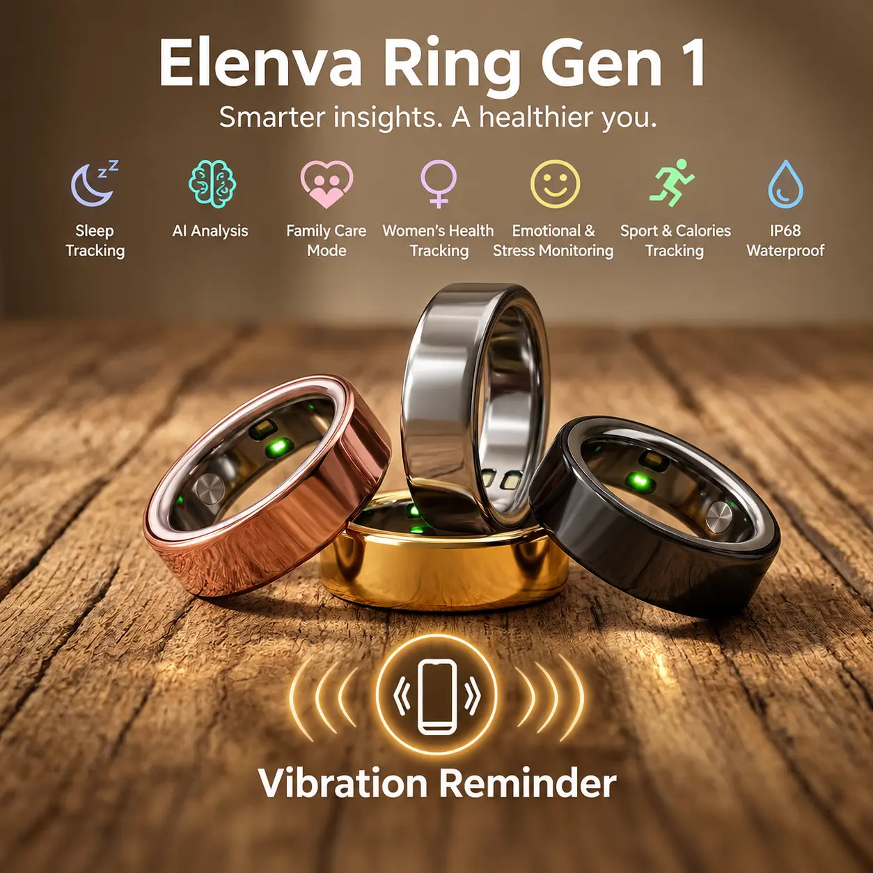 Elenva Gen 1 Smart Ring Health Tracker 5ATM Waterproof Sport Ring Exclusive Vibration Alerts Titanium Blood Oxygen/Sleep/Emotional Management Women Cycle Prediction Compatible with iOS/Android, Wearable Devices, Health Tracker Ring