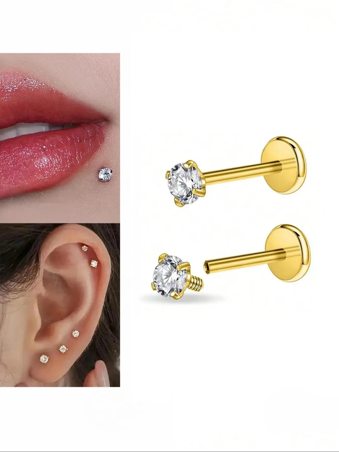 Stainless Steel Cz Stud Body Piercing Jewelry, Tragus Nose Helix Cartilage Piercing Conch Medusa Lip Labret, 16g 2-4mm Zircon, Unisex Ear Ring, Helix Pierced Ring