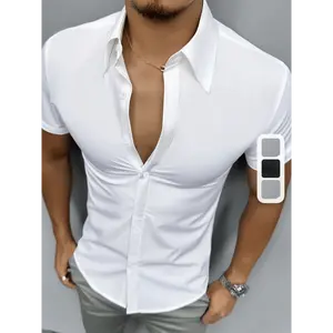 Men's 100% Polyester Slim-Fitting Shortsleeve Lapel Collar Woven Top - 120g/m² Slight Stretch, Anti-Wrinkle Sports Clothes for Business Casual & Gym Use